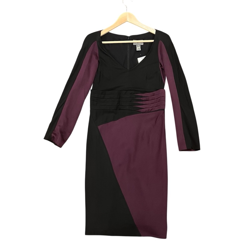 Zac Posen‎ 100% Silk Long-Sleeve V-Neck Sheath Dress Purple/Black Colorblock 10